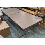 DINING TABLE, extendable design with one leaf, polished metal base, 315cm x 100cm x 73cm at largest.