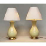 TABLE LAMPS, a pair, Louisa glazed lemon ceramic with raw silk shade by Heathfield and Co, 77cm