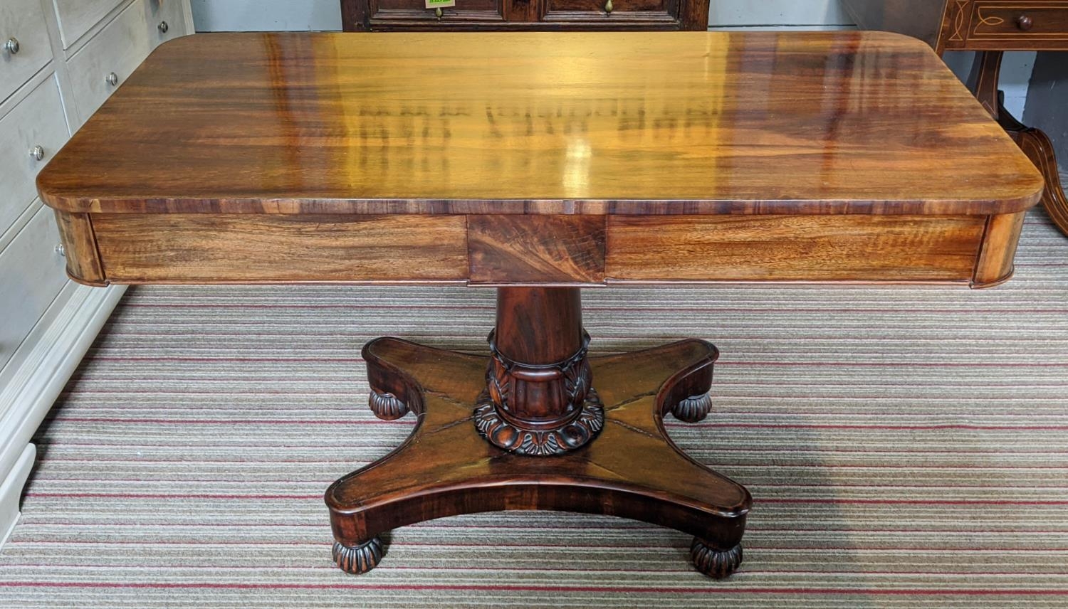 PEDESTAL WRITING TABLE, early Victorian, goncalo alves, fitted with two drawers, barrel turned