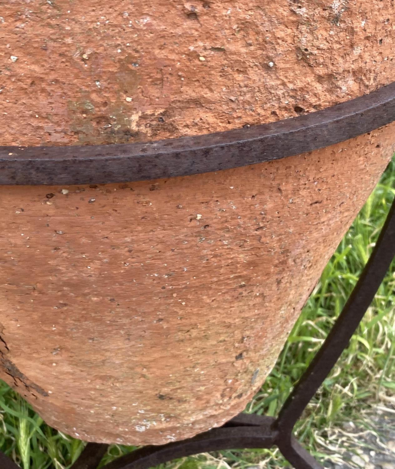 OLIVE JAR ON STAND, antique Mediterranean terracotta on wrought iron stand, 80cm H. - Image 3 of 6