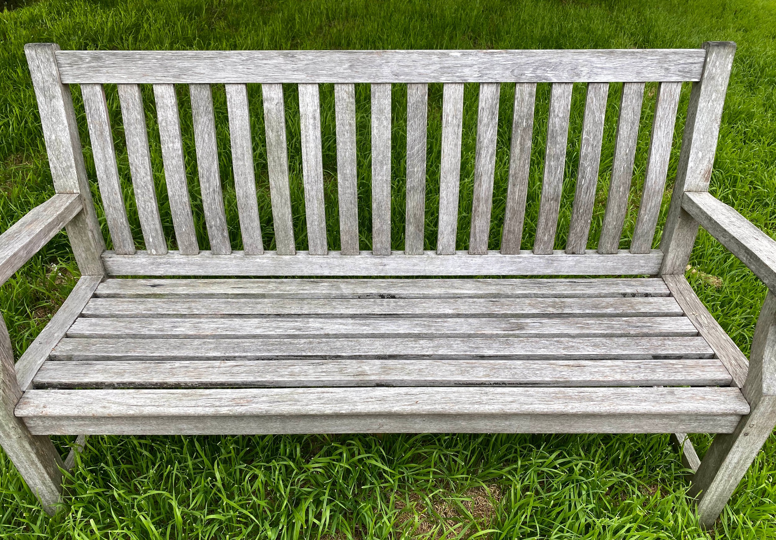 GARDEN BENCH, weathered teak of slatted construction with shaped back and scroll arms, 152cm W. - Image 5 of 7