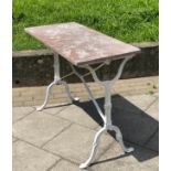 POTTING/CONSERVATORY TABLE, antique weathered variegated rouge rectangular marble on painted cast