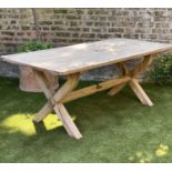 GARDEN TABLE, rectangular weathered teak and slatted with substantial X frame support, 86cm x