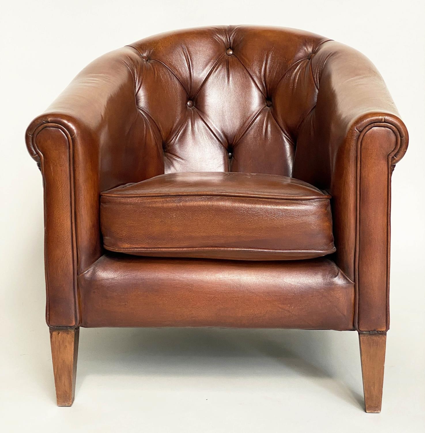TUB ARMCHAIR BY THOMAS LLOYD, buttoned tan leather with arched back and rounded arms, 78cm W. - Image 5 of 6