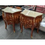 PETITE COMMODES, a pair, 62cm x 40cm x 70cm, bombe design, marble toped, gilt mounts, each with