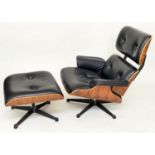 LOUNGER ARMCHAIR STOOL, Charles and Ray Eames inspired buttoned black leather, plywood framed and