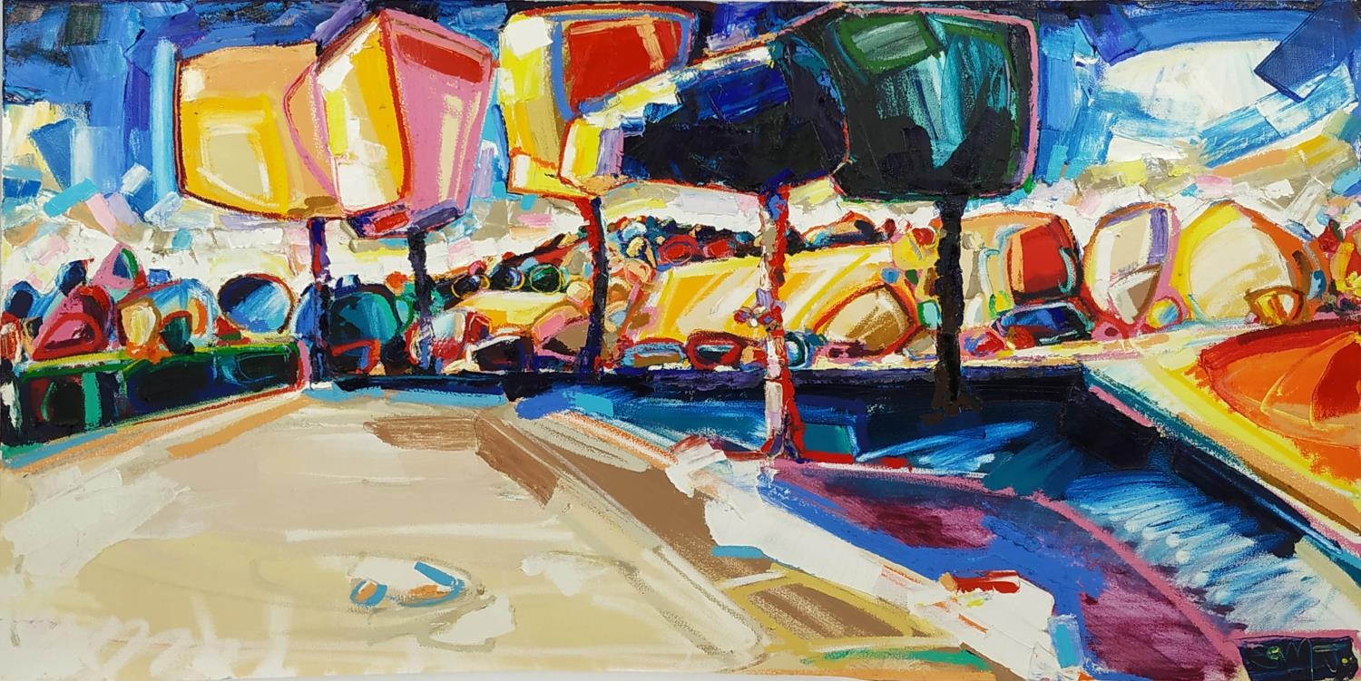 SAM J (South Africa), 'Landscape with Swimming Pool', oil on canvas, 87cm x 174cm.