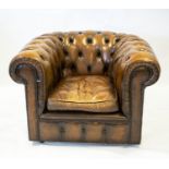 CHESTERFIELD ARMCHAIR, 70cm H x 104cm W, brown leather on castors.