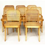 DINING CHAIRS, a set of eight, 1970s beech bentwood and cane panelled including two armchairs,