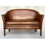 SOFA, Danish teak, two-seater with arched rounded back and tan brown leather upholstery, 131cm W.