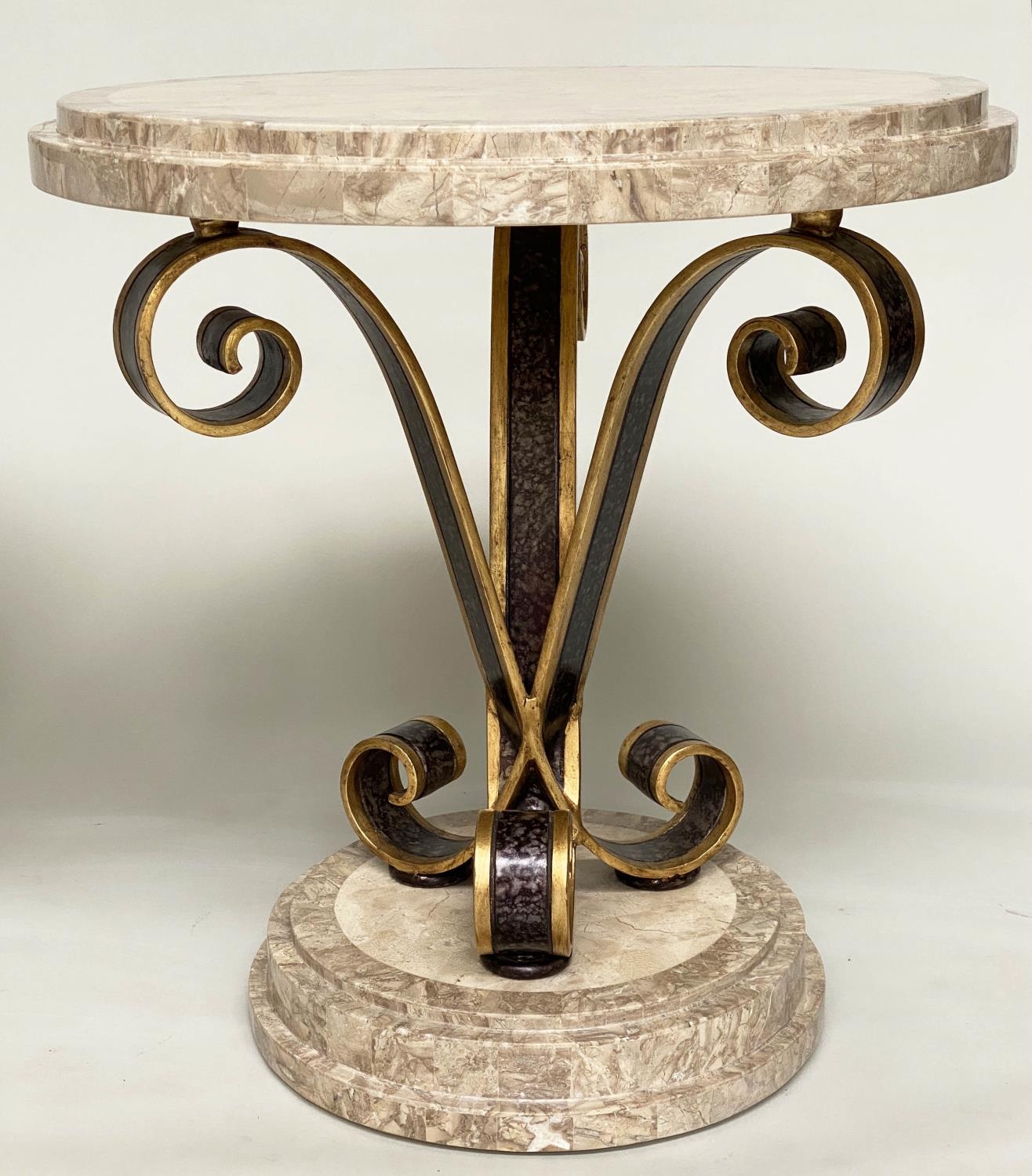 OCCASIONAL/LAMP TABLES, a pair, circular with stepped and blocked two tone travertine marble top and - Image 6 of 10