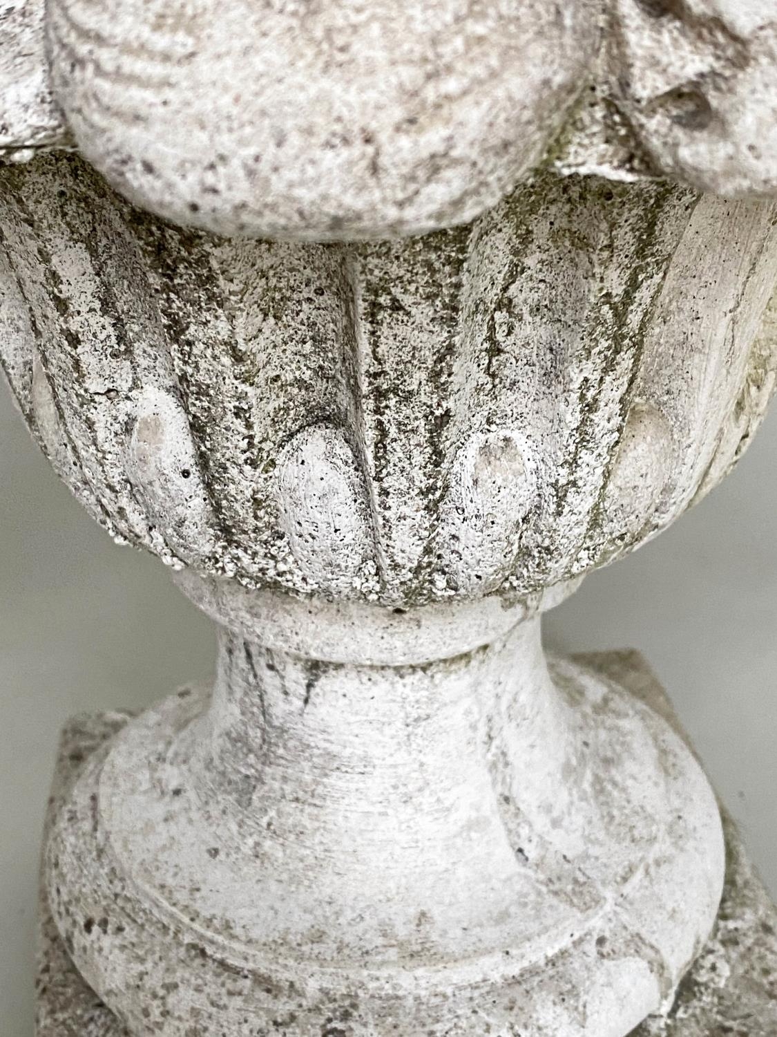 GARDEN FINIALS, a pair, weathered reconstituted stone modelled as cornucopia/fruit, 50cm H. (2) - Image 4 of 5