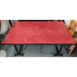 LOW TABLE, 81cm D x 54cm x 132cm W, red leather top on a metal base.
