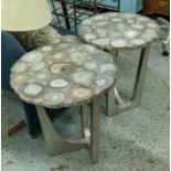 SIDE TABLES, a pair, each 46cm x 55cm H, agate tops on silvered bases. (2)