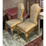 DINING CHAIRS, a set of eight, each 60cm W x 110cm H, carved gilt wood frames with Damask upholstery