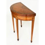 CARD TABLE, late 19th/early 20th century demilune foldover satinwood radial veneered and marquetry