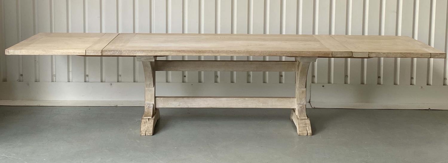 FARMHOUSE HARVEST TABLE, substantial limed oak with thick planked and cleated top raised upon