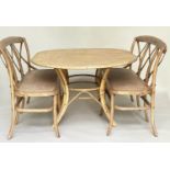 TABLE AND BENCHES, a pair, OKA ash bentwood with 'X' backs and cane seats together with an oval