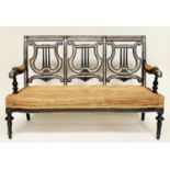 'MOORISH' BENCH, 19th century ebonised and mother of pearl inset with 'lyre' back and hessian cover,