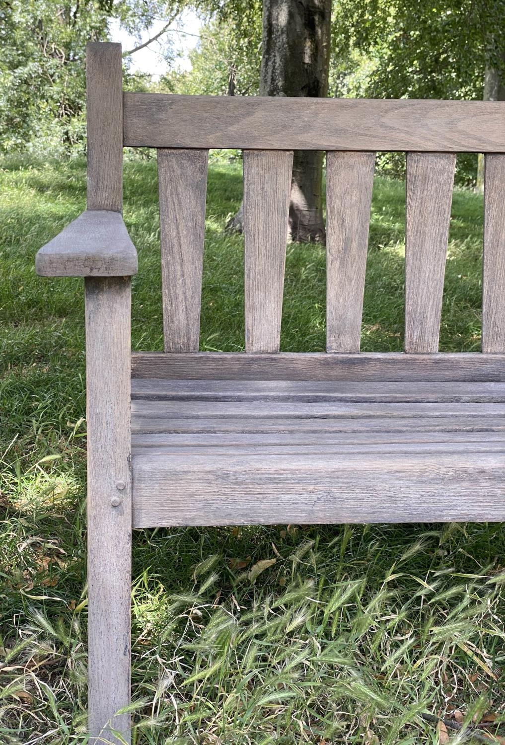 GARDEN BENCH, weathered teak with triangular splat back, 140cm W. - Image 7 of 7