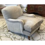 HOWARD STYLE ARMCHAIR, velvet upholstered with tapered front supports and castors, 86cm W