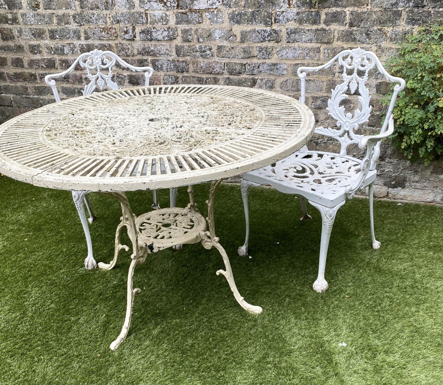 GARDEN TABLE AND CHAIRS, weathered painted cast aluminium circular pierced with two matching chairs, - Image 2 of 5