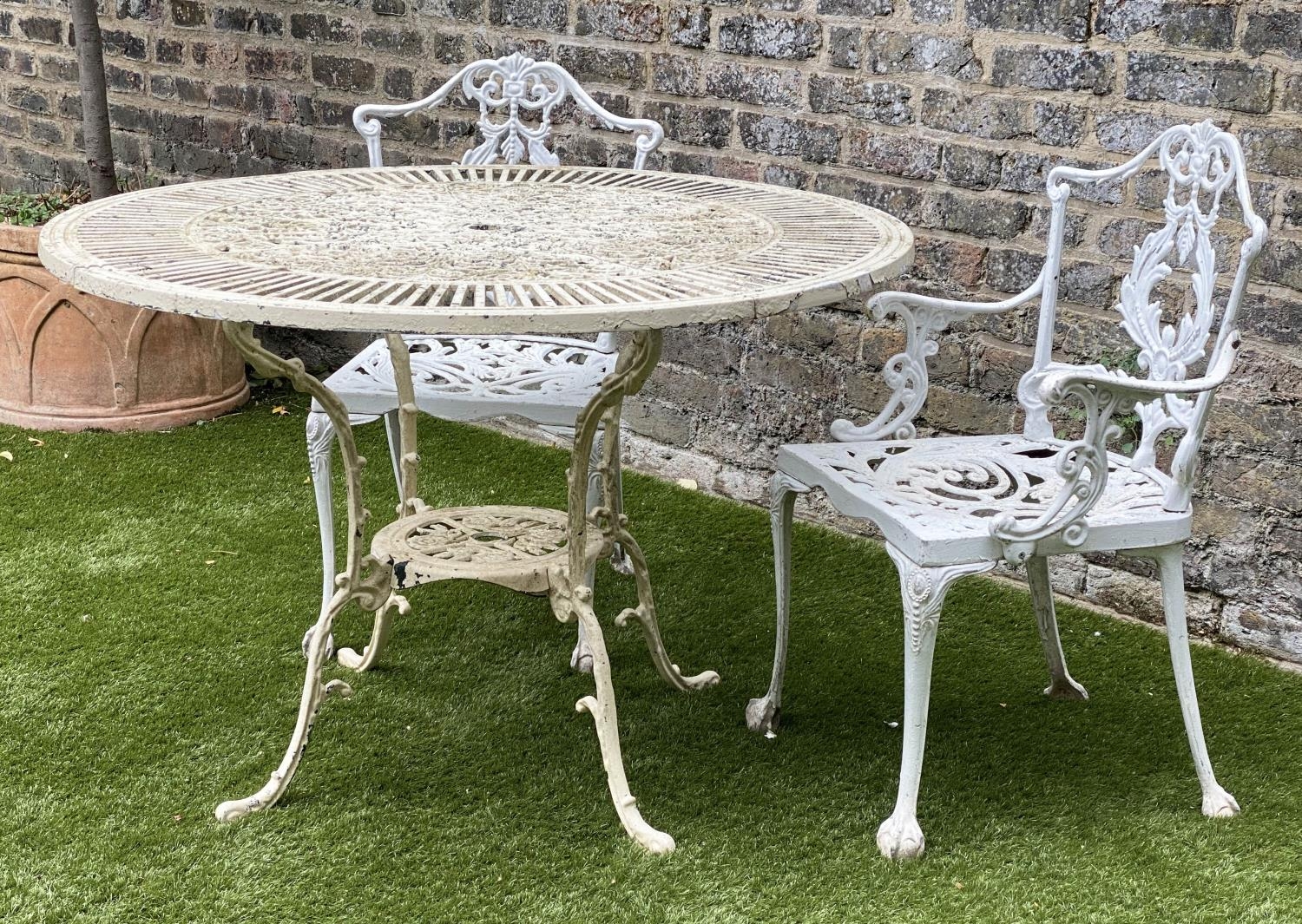 GARDEN TABLE AND CHAIRS, weathered painted cast aluminium circular pierced with two matching chairs, - Image 3 of 5