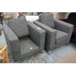 ARMCHAIRS, a pair, thick woven grey upholstery, 83cm x 93cm x 95cm, polished metal supports. (2)