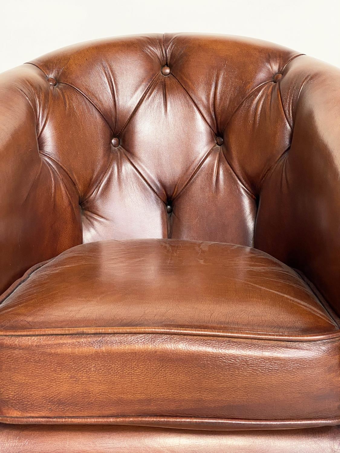 TUB ARMCHAIR BY THOMAS LLOYD, buttoned tan leather with arched back and rounded arms, 78cm W. - Bild 6 aus 6