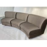 SOFA, curved three section grey fawn twill upholstered, each 62cm.