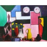 ADRIAN DOLAN, 'Still Life with Fruit, Flowers, Jugs, Abstract Form and and Figures', oil on