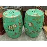 BARREL STOOLS, a pair, Chinese style glazed ceramic, 46cm x 32cm approx. (2)