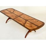 HEALS LONG TOM TABLE BY EVEREST, specimen wood on trestle supports, 152cm W x 47cm D x 36cm H.