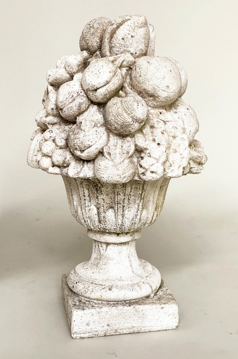 GARDEN FINIALS, a pair, weathered reconstituted stone modelled as cornucopia/fruit, 50cm H. (2) - Image 5 of 5