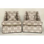 EGERTON ARMCHAIRS, a pair, with sloping arms and two tone woven upholstery with cushions by Peter