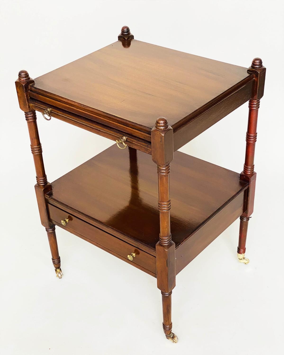 LAMP TABLES, a pair, George III design figured mahogany each with slide and under tierdrawer, 45cm W - Image 3 of 8