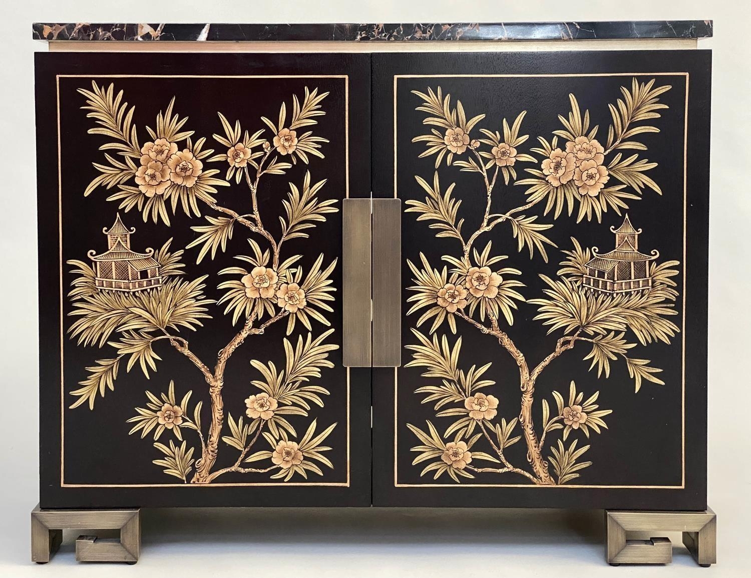 CABINET, lacquered two door with gilt Chinoiserie painted decoration enclosing shelves by 'Restall