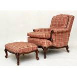 ARMCHAIR, Louis XV style mahogany newly reupholstered, with scroll arms and shaped supports (with