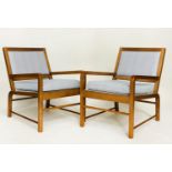 ARMCHAIRS BY SOANE BRITAIN, a pair, oak framed with blue weave upholstery and downswept arms, 57cm