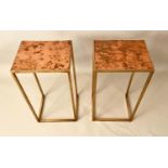 SIDE TABLES, a pair, 1970s Italian style, 57cm H x 30cm W x 25cm D, coppered tops and gilt metal