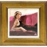 ROBERT A SAUNDERS (British 1950-2012) 'La Femme Rouge', oil on canvas, 29cm x 29cm , framed. (