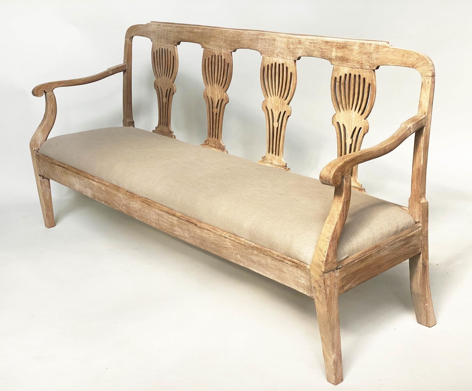 HALL SEAT, 19th century elm with triple pierced splat back, arms and linen upholstered drop in seat, - Bild 2 aus 8