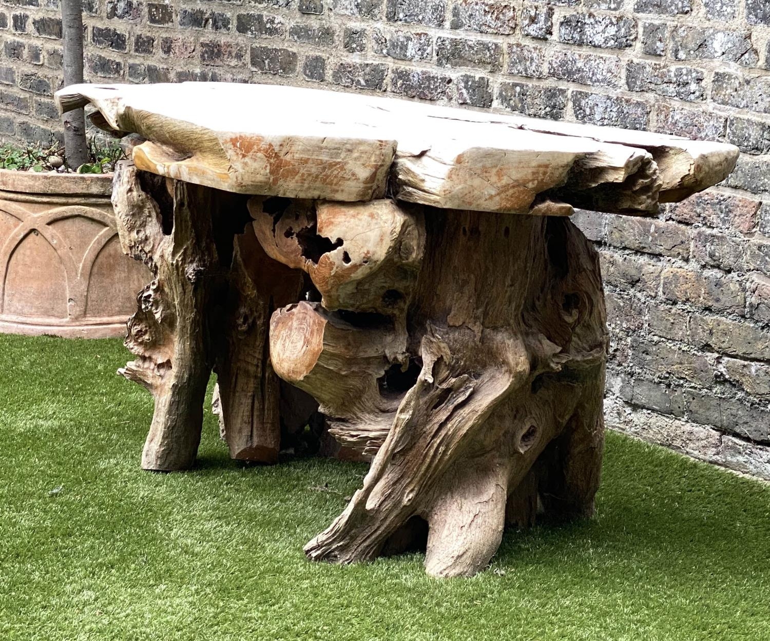 GARDEN 'ROOT' TABLE, well weathered tree section with raw edge and knarled root base, 136cm W x 66cm - Image 3 of 4