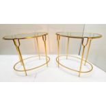 SIDE TABLES, a pair, 61cm x 42cm x 55cm, 1950s French style, gilt metal frames, glass tops. (2)