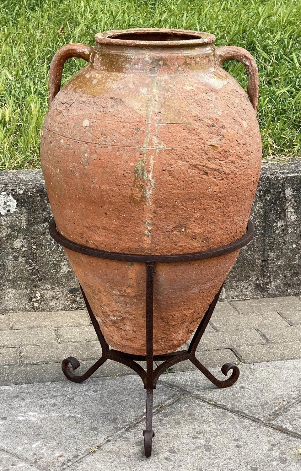 OLIVE JAR ON STAND, antique Mediterranean terracotta on wrought iron stand, 80cm H.