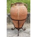 OLIVE JAR ON STAND, antique Mediterranean terracotta on wrought iron stand, 80cm H.