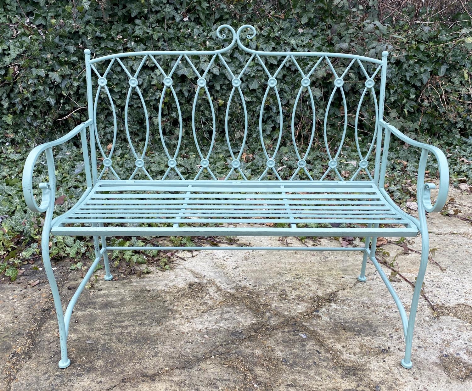 GARDEN BENCH, 95cm H x 105cm W x54cm D, Regency style, painted pistachio green metal. - Image 3 of 4