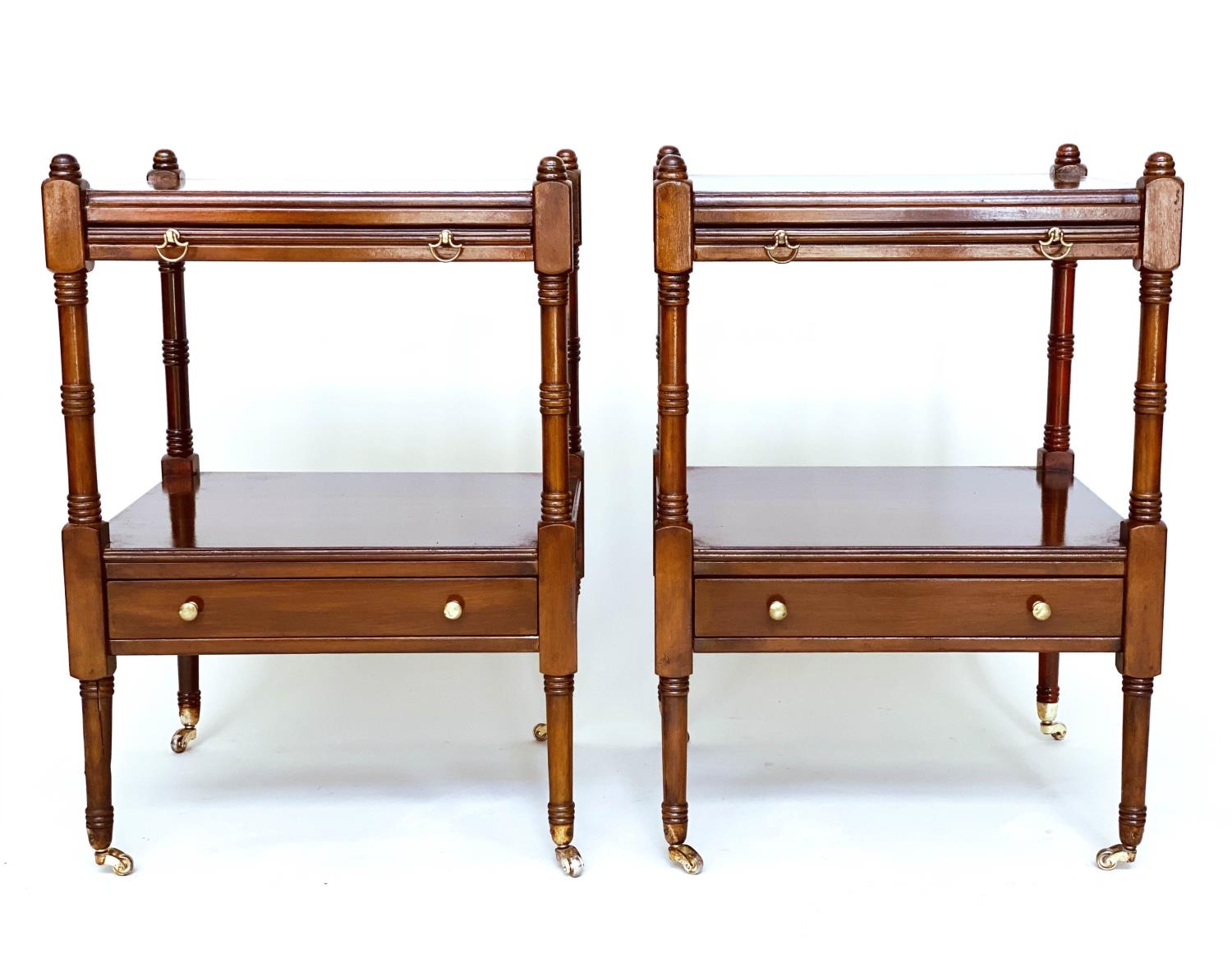 LAMP TABLES, a pair, George III design figured mahogany each with slide and under tierdrawer, 45cm W - Image 2 of 8