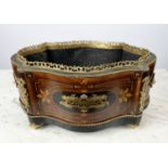 JARDINIERE, 19th century French, serpentine form with marquetry and brass inlay with bronze ormolu
