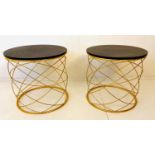 SIDE TABLES, a pair, 45cm H x 46cm diam., 1970s Italian style, gilt metal bases, ebonised circular